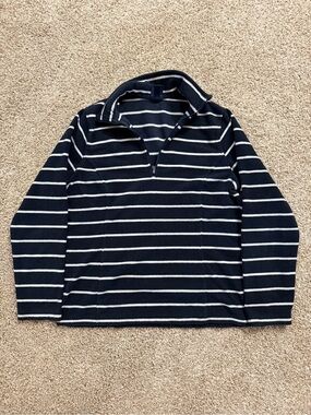 Lands End Women’s Navy and White Striped Quarter-Zip Sweater